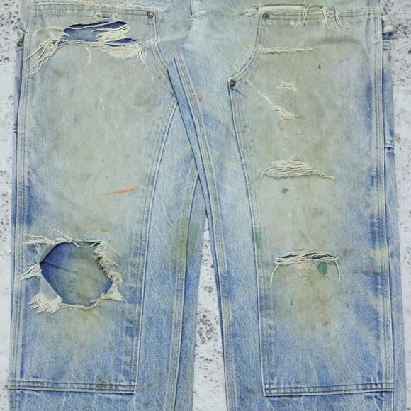 THRASHED Vintage Carhartt B07 DNM Faded Blue Jeans Denim Double Knee Pant 34x31 - Picture 4 of 16